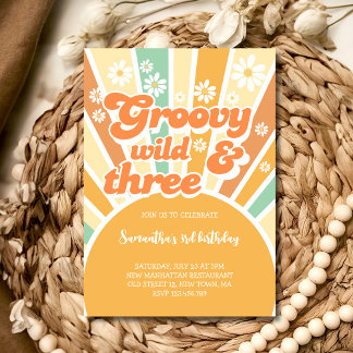 Groovy wild und drei Retro-Sonnen-Kindergeburtstag Einladung