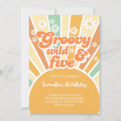 Groovy wild und fünf Retro-Sonnen-Kindergeburtstag Einladung (Vorderseite)