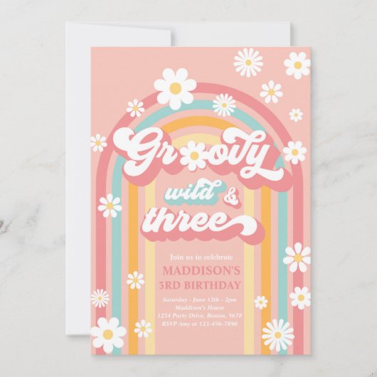 Groovy Wild und Three Boho Daisy Rainbow Birthday Einladung (Vorderseite)