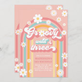 Groovy Wild und Three Boho Daisy Rainbow Birthday Einladung (Vorne/Hinten)