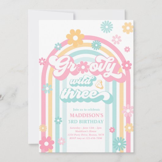 Groovy Wild und Three Boho Daisy Rainbow Birthday Einladung (Vorderseite)