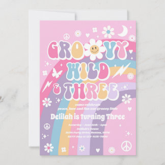 Groovy Wild und Three Hippie 3. Geburtstag Party Einladung