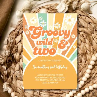 Groovy wild und zwei Retro-Sonnen-Kindergeburtstag Einladung