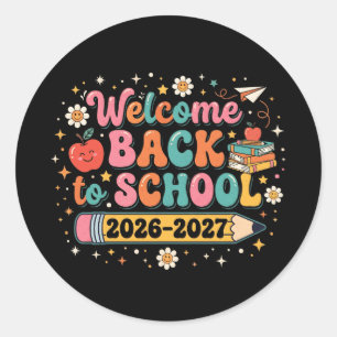 Groovy Willkommen zurück in der Schule 2026-2027 L Runder Aufkleber