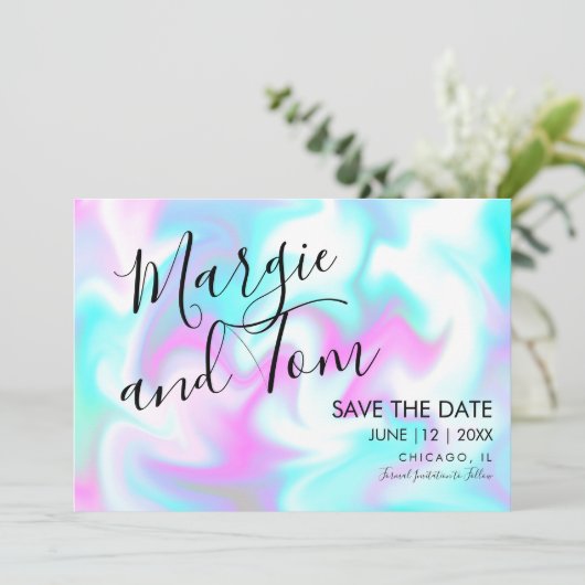 Groovy Wirbel Skript Save the Date Rosa Blau Einladung (Stehend Vorderseite)