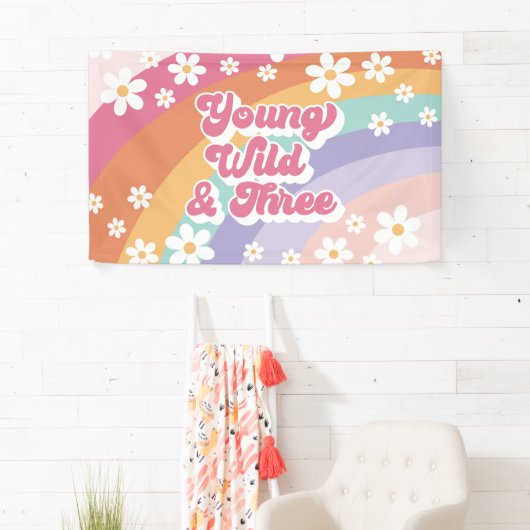 Groovy Young Wild Three Retro Rainbow 3. Geburtsta Banner (Insitu)