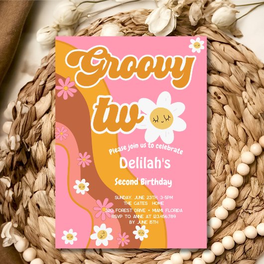 Groovy zwei Retro Vintagen zweiten Geburtstag Einladung