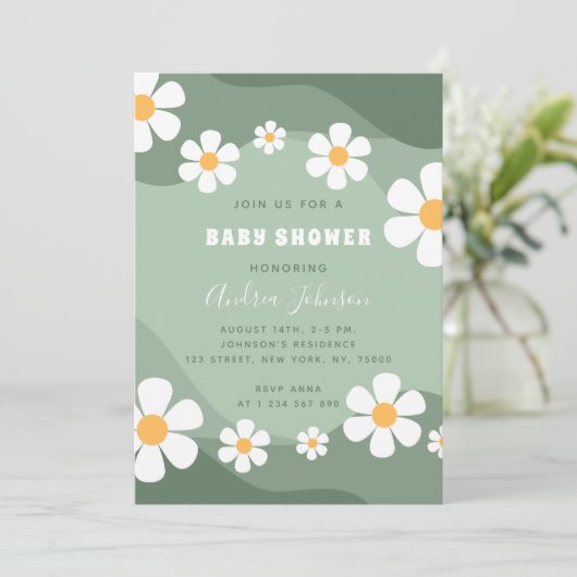 GroovySage Green Retro Boho Daisy Baby Shower Einladung (Stehend Vorderseite)