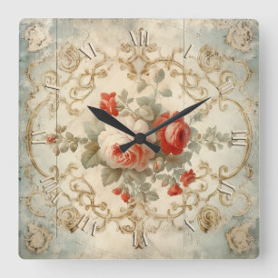 großartige Shabby Chic-Rose Vintag Quadratische Wanduhr