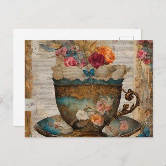 Großartige Teacup Mixed Media Collage Malerei Postkarte (Vorne/Hinten)