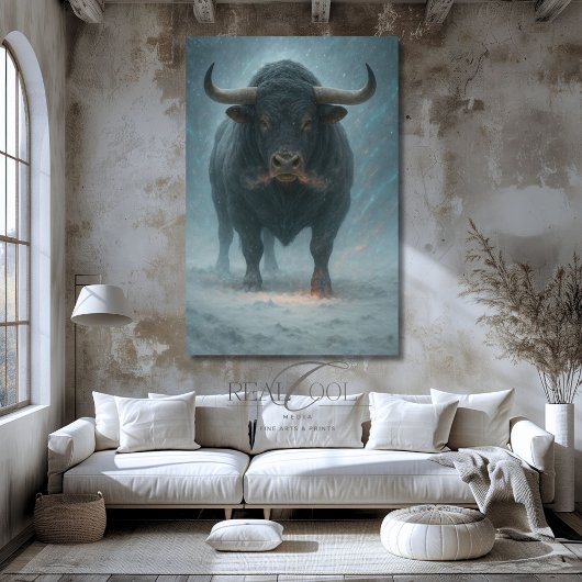 Großartiger Bulle in zauberhafter Schneelandschaft Poster