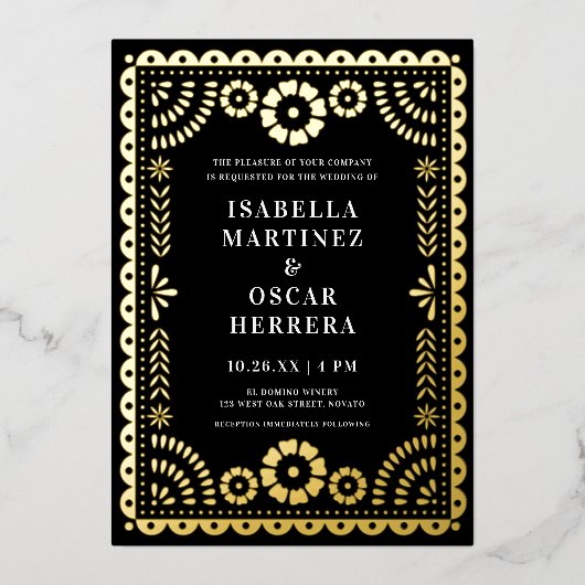 Großartiger Papel Picado Boda Wedding Black + Gold Folieneinladung (Vorderseite)