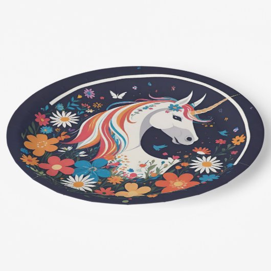 Großartiges Einhorn und Blume auf der Marine Pappteller (Schrägansicht)