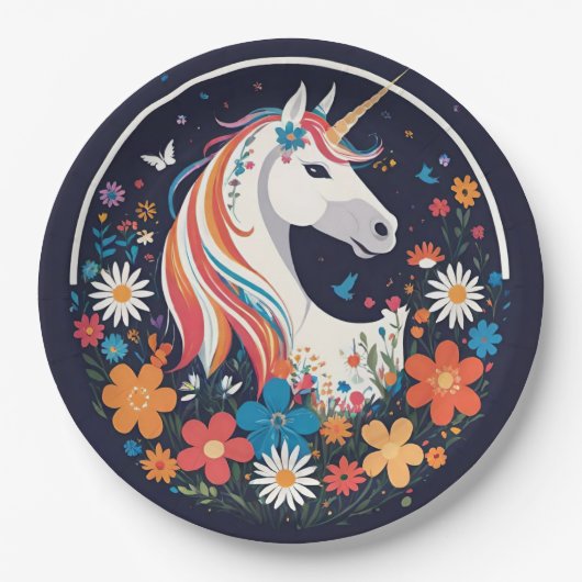 Großartiges Einhorn und Blume auf der Marine Pappteller (Vorderseite)
