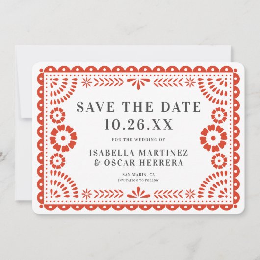 Großartiges Papel Picado Foto Warm Red Wedding Save The Date (Vorderseite)