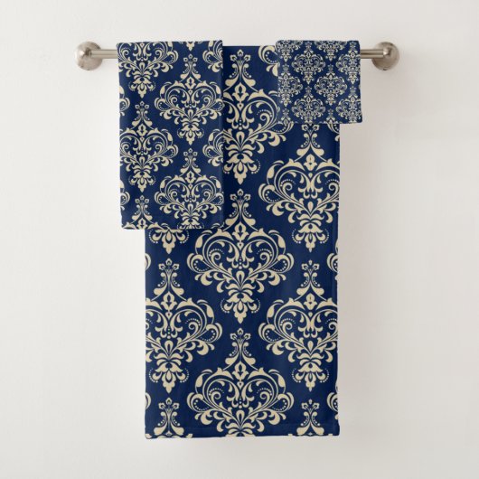 Großartiges Royal Blue Elegante Damask Muster Badhandtuch Set (Insitu)