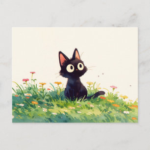 Großäugige Wasserfarbe Kawaii Schwarze Katze Postkarte