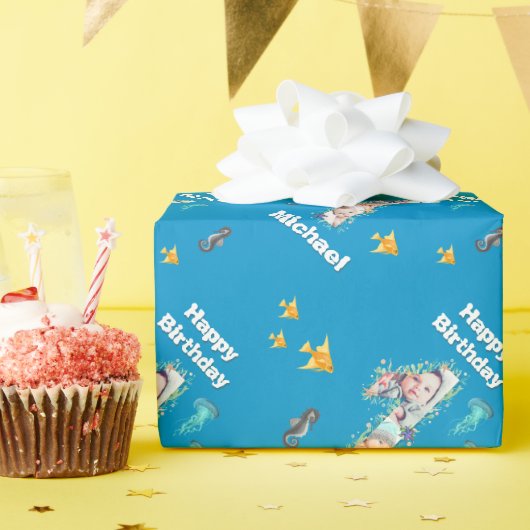 Große 1. Geburtstag unter dem Meer FotoCollage Geschenkpapier (Geburtstagsparty)