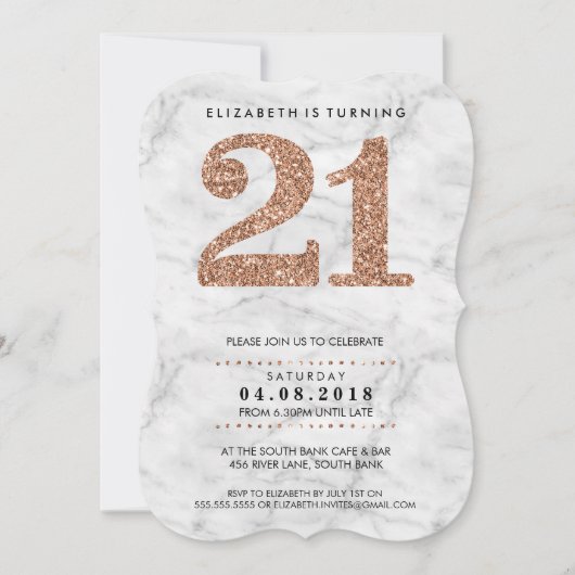 GROSSE AGE NUMBER Marmor cool 21 Rose Gold Glitzer Einladung (Vorderseite)