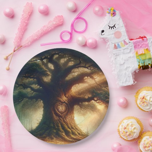 Große alte Eichenbaum verzauberte Rustikalwaldhoch Pappteller (Party)