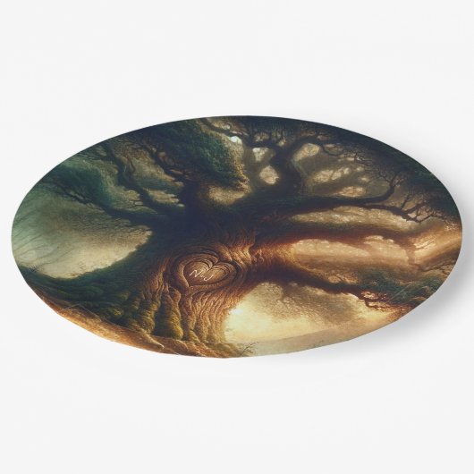 Große alte Eichenbaum verzauberte Rustikalwaldhoch Pappteller (Schrägansicht)