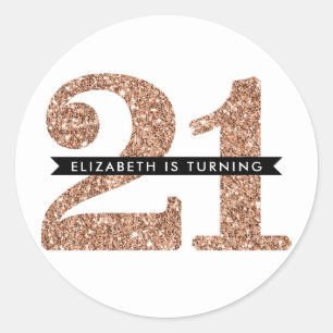 GROSSE ALTERSNUMMER EINLADEN GLAS 21 Rose Gold Gli Runder Aufkleber