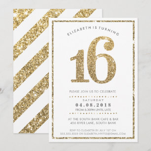 GROSSE ALTERSZAHL EINLADUNG modern 16 gold glitzer
