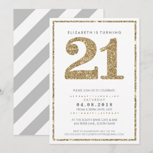 GROSSE ALTERSZAHL EINLADUNG modern 21 gold glitzer