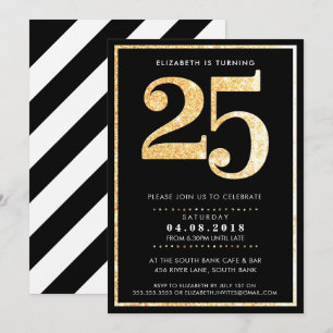 GROßE ALTERSZAHL EINLADUNG modern 25 gold glitzern