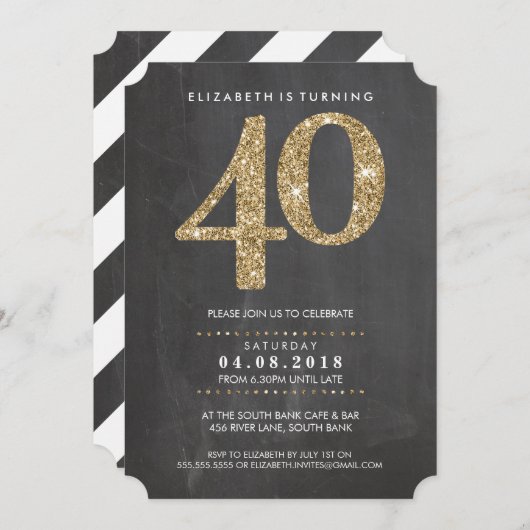 GROSSE ALTERSZAHL INVITE Moderner 40 Glitzer Einladung (Vorne/Hinten)