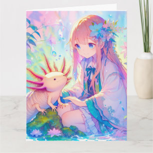 Große Anime Girl und Axolotl Personalisierter Gebu Karte