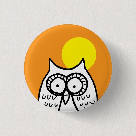 Große Augen Halloween Cartoon Eule und Mond Orange Button (Vorderseite)
