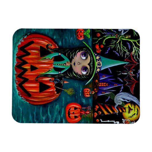 Große Augen Halloween Hexenmädchen reiten in einem Magnet (Horizontal)