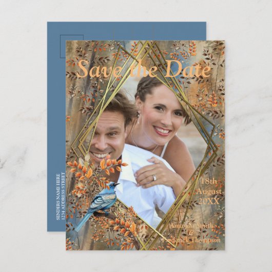 Große Bäume, Herbstblätter & Bluebirds. Ankündigungspostkarte (Vorne/Hinten)