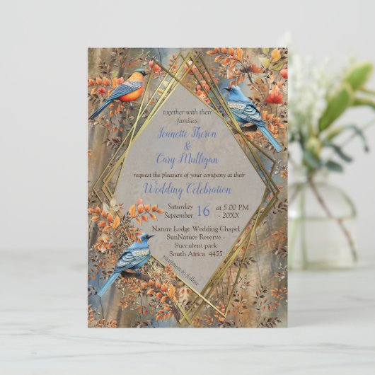 Große Bäume, Herbstblätter & Bluebirds. Einladung (Stehend Vorderseite)