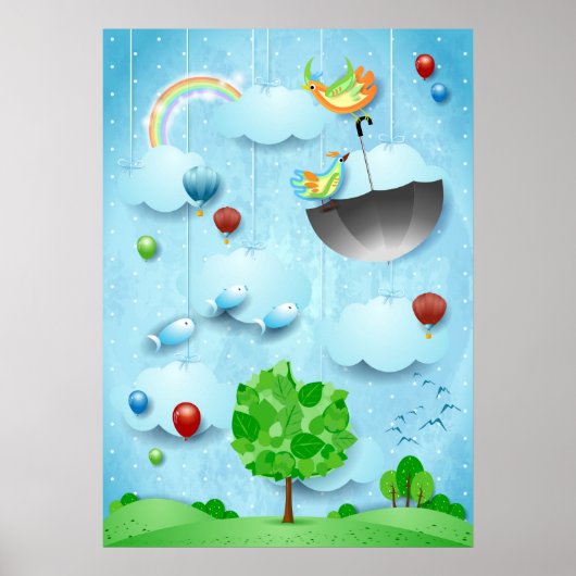 Große Bäume und fliegende Vögel Poster (Vorne)