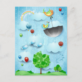 Große Bäume und fliegende Vögel Postkarte