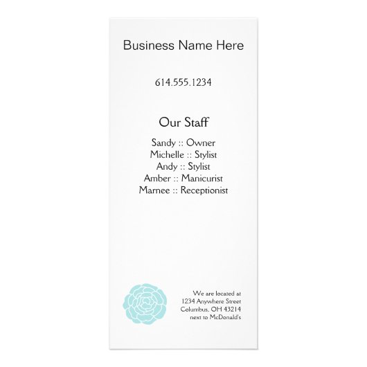 Große blaue Blume hält Gestell-Karte instand Werbekarte (Hinten)