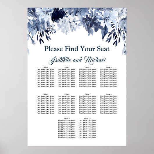 Große blaue Blütenblätter mit 10 Tischen Poster (Vorne)