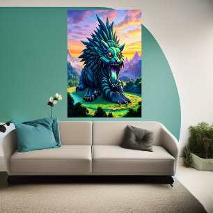 Große blaue Fantasiewesen AI Art Poster