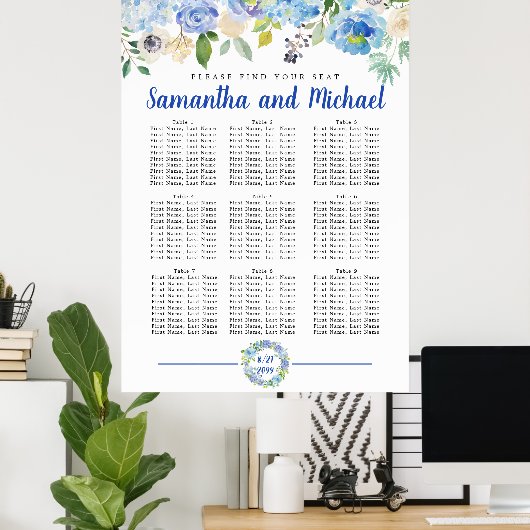 Große blaue Hydrangea mit 9 Tischen Poster (Heimbüro)