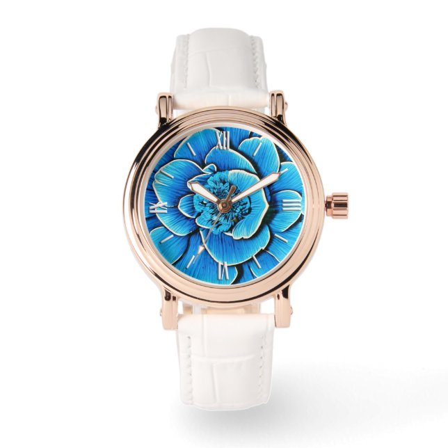 Große Blaue Kamelie Blossom Armbanduhr (Vorderseite)