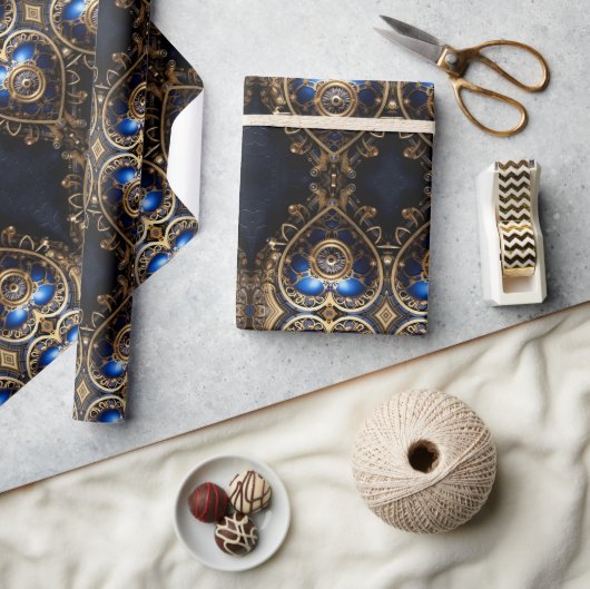 große blaue und goldene Steampunkherzen Geschenkpapier (Kunsthandwerk)