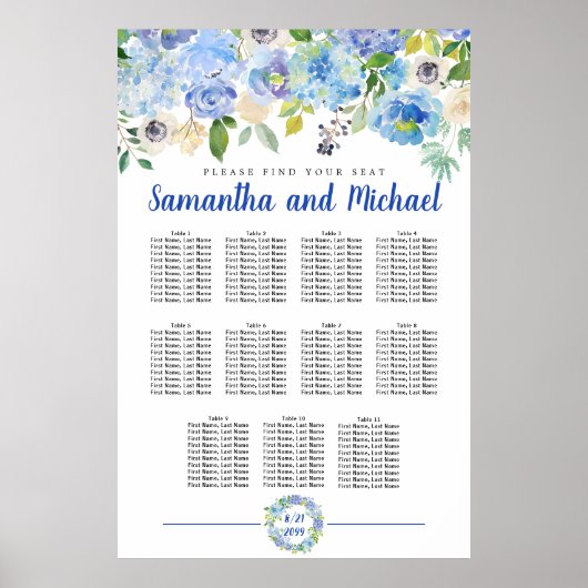 Große Blue Hydrangea 11-Tisch-Sitzkarte Poster (Vorne)