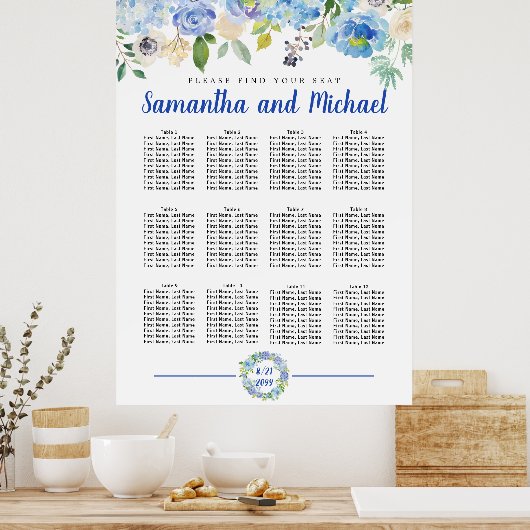 Große Blue Hydrangea 12-Tisch-Sitzkarte Poster (Küche)