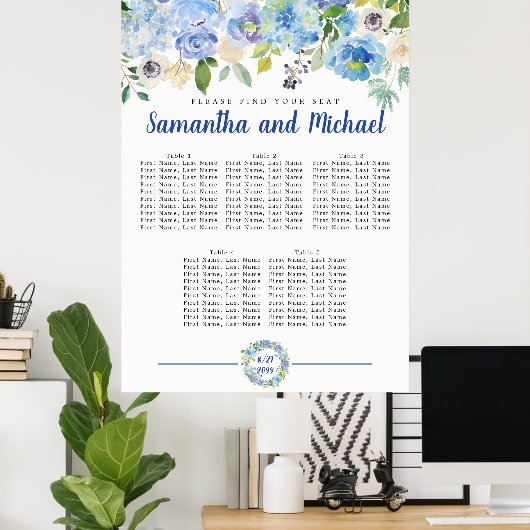 Große Blue Hydrangea 5-Tisch-Sitzkarte Poster (Heimbüro)