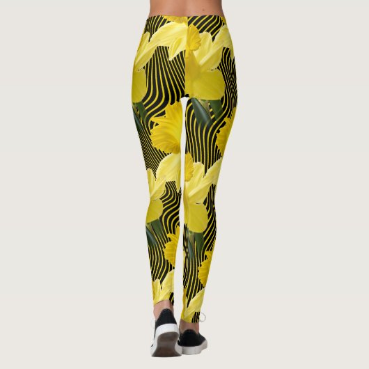 Große Blumennarzissen-gewellter gelber Streifen Leggings (Rückseite)