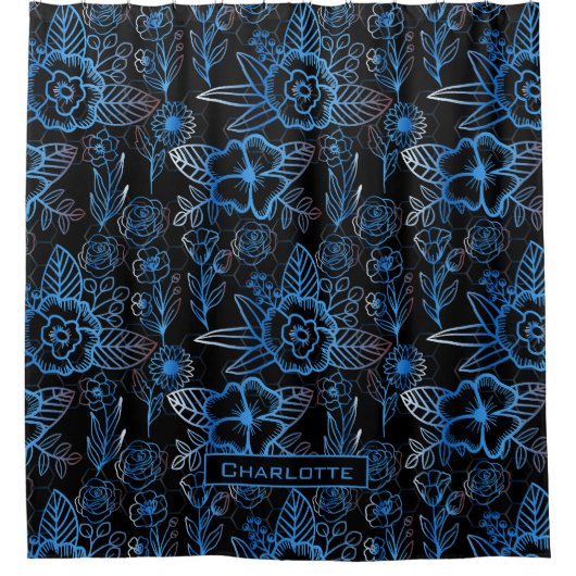 Große Blüte Blumenmuster Blau personalisierter Nam Duschvorhang (Vorderseite)