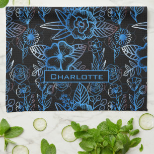 Große Blüte Blumenmuster Blau personalisierter Nam Geschirrtuch