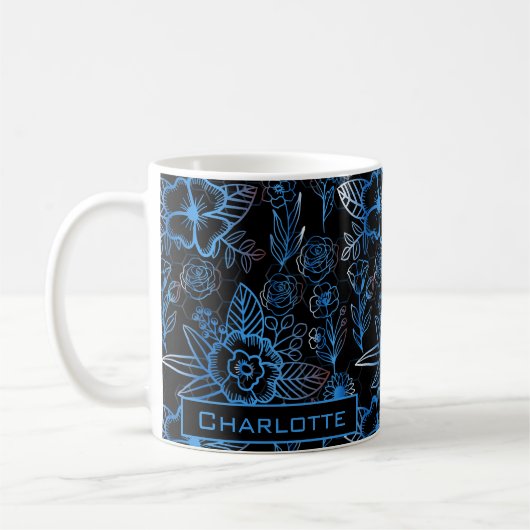 Große Blüte Blumenmuster Blau personalisierter Nam Kaffeetasse (Links)